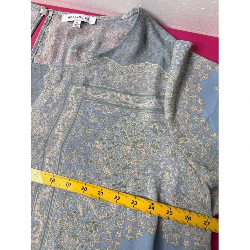 ROSE + OLIVE Blue Paisley Scarf Print Peasant Tunic Blouse 3X Boho-Chic Flowy